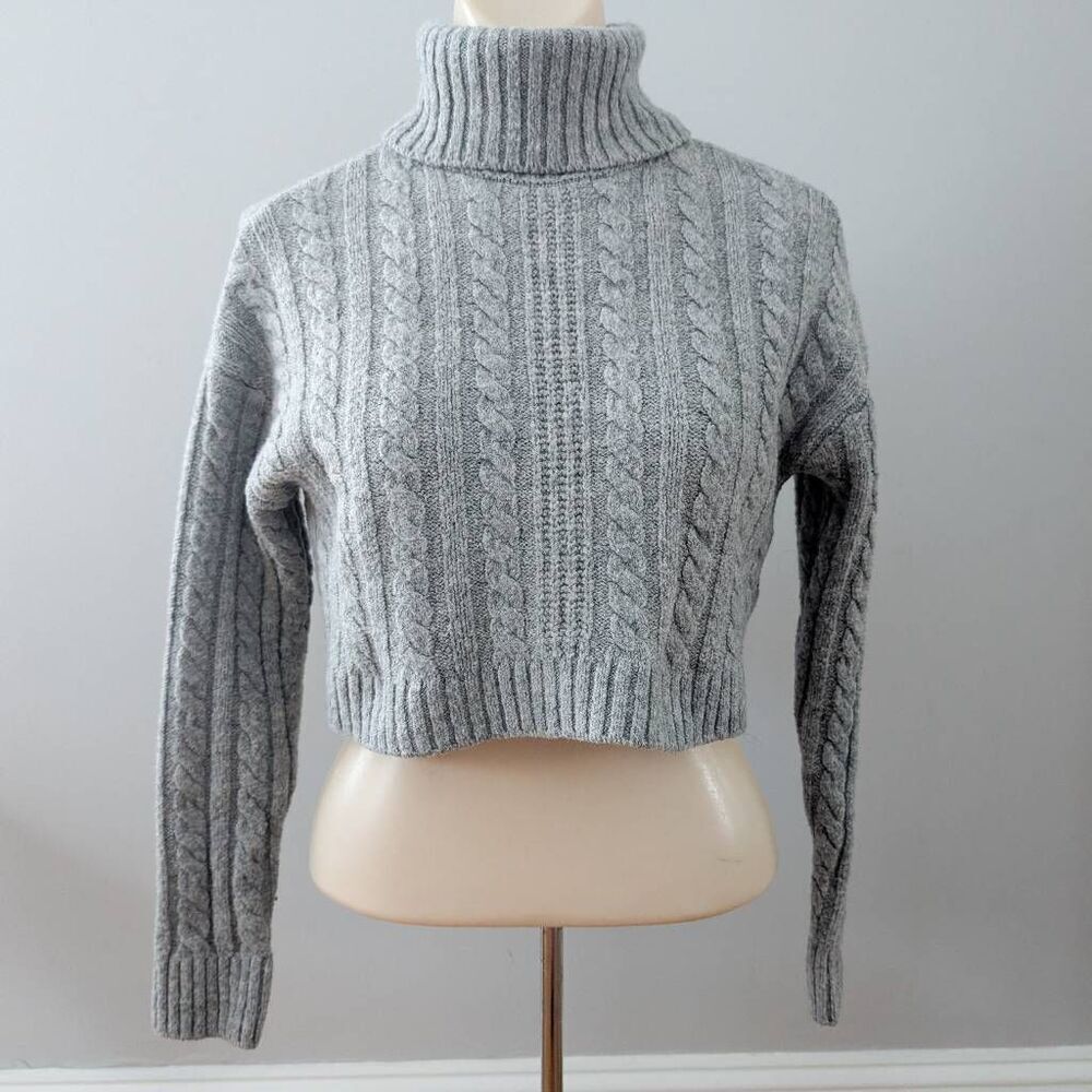 Love Tree Drop Shoulder Cropped Turtleneck Cable Knit Sweater Gray